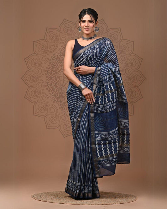 Maheshwari Silk Saree indigo Handblock Printed With running blouse (Silk by Silk)
