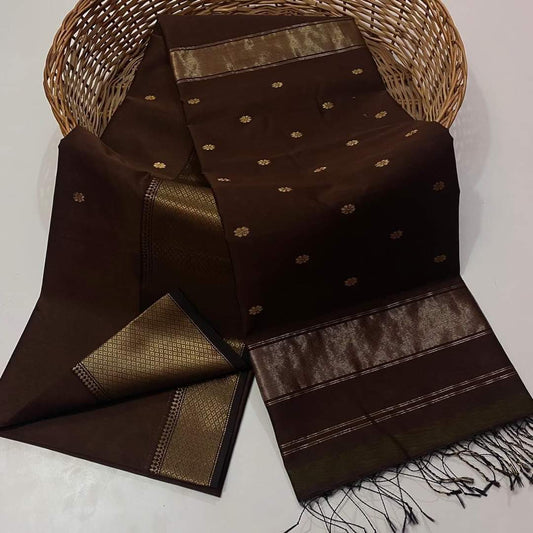 Maheshwari Cotton Silk Saree Butta Body Brown Color and contrast blouse with butta design - IndieHaat