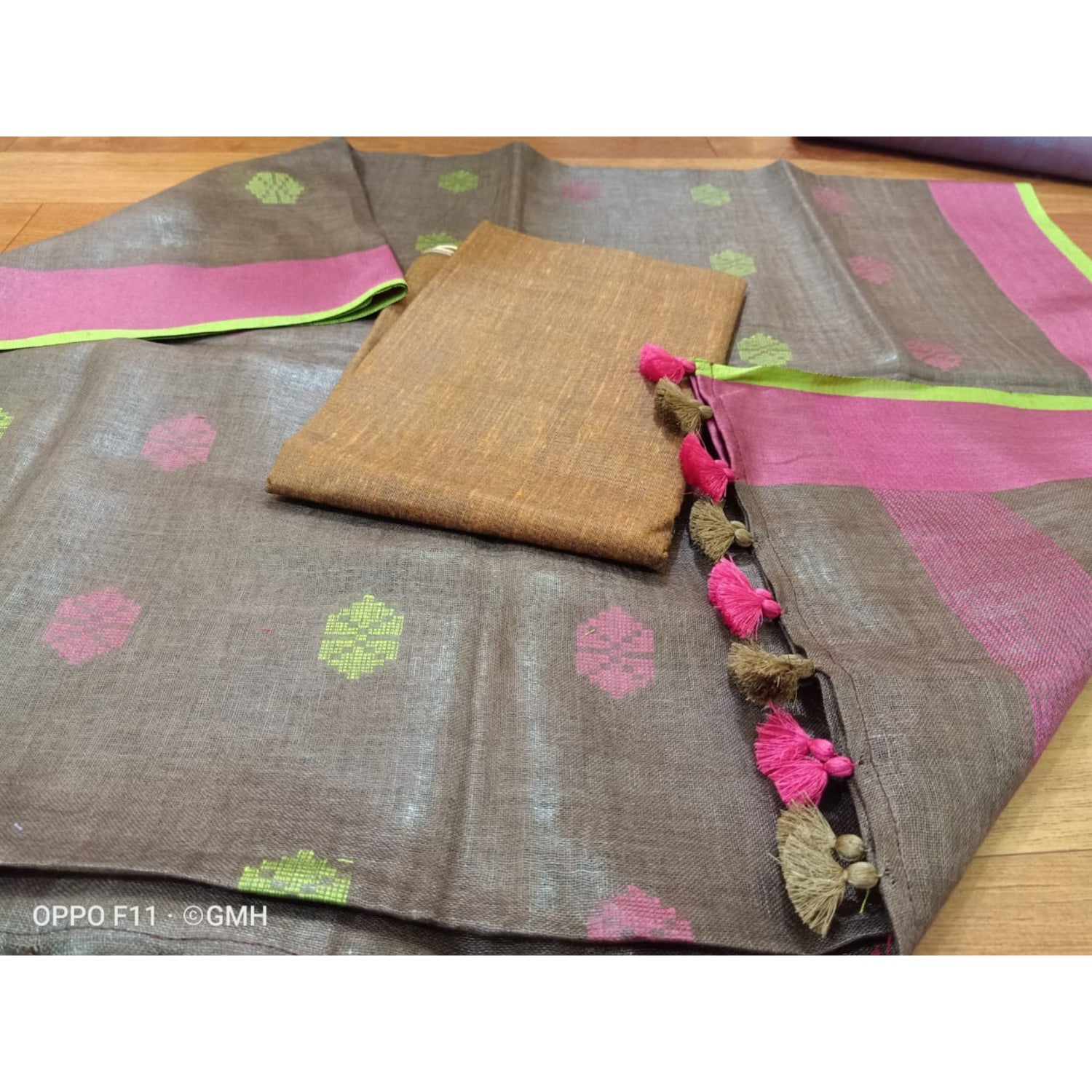 Handwoven Pure Linen Dupatta Set with Katan Fabric Top