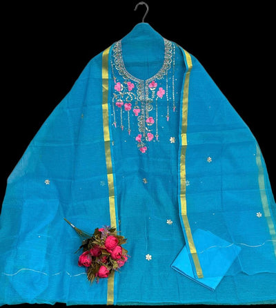 Kota Doria Blue Suit Hand Gota Patti Work-Indiehaat