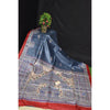 Silkmark Certified Tussar Silk Handloom Handblock Printed Blue Saree with Blouse-Indiehaat