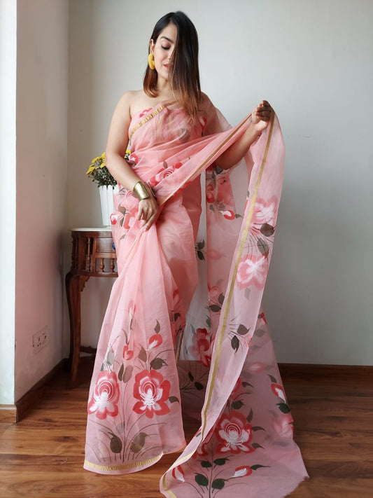 Hand Painted Organza Saree Rose Pink Colour with touch of gold print in vibrant Indian colours and matching running Blouse-Indiehaat
