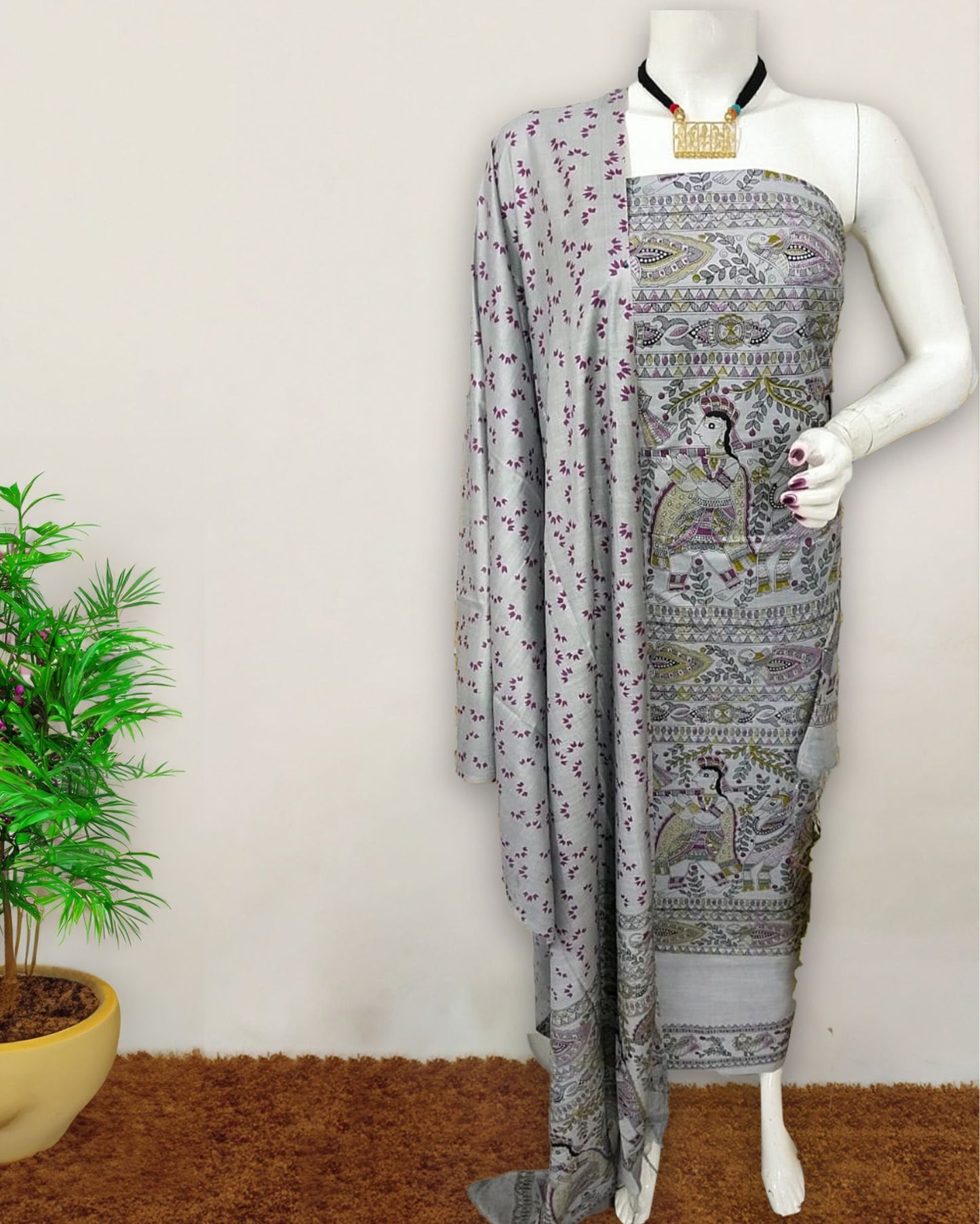Katan Silk Suit Lavender Gray Color Madhubani Print - IndieHaat