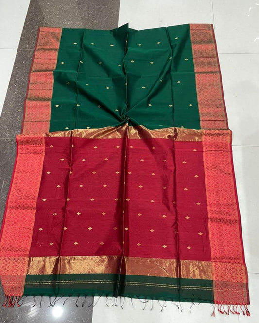 Maheshwari Handloom Silk Saree Emerald Green Color allover hand buti work with Resham border and running blouse - IndieHaat