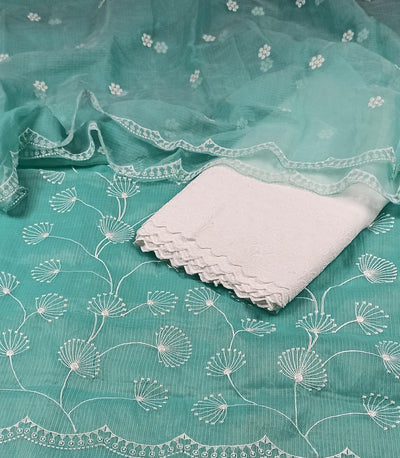 Kota Doria Embroidery Green Suit Material with Matching Dupatta and Chikenkari White Bottom-Indiehaat