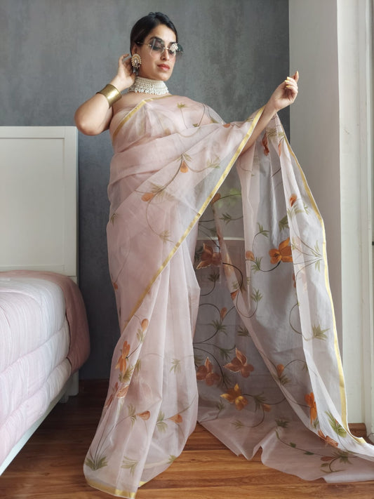 Organza Silk Saree Pale Pinkish Grey Color Hand Painted with running blouse - IndieHaat