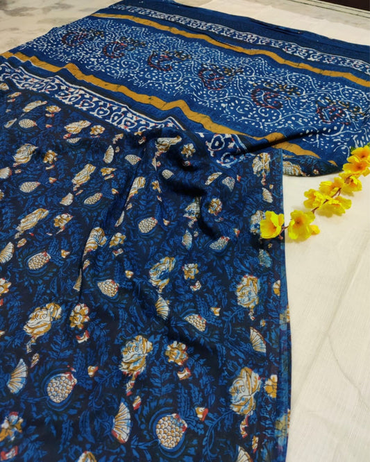 Pure Mulmul Cotton Saree Dark Navy Blue Color Jahota Block Print with running blouse - IndieHaat