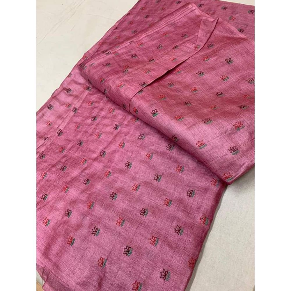 Silkmark Certifiied Pure Tussar Silk Embroidered Handloom Saree with Blouse (Tussar by Tussar)