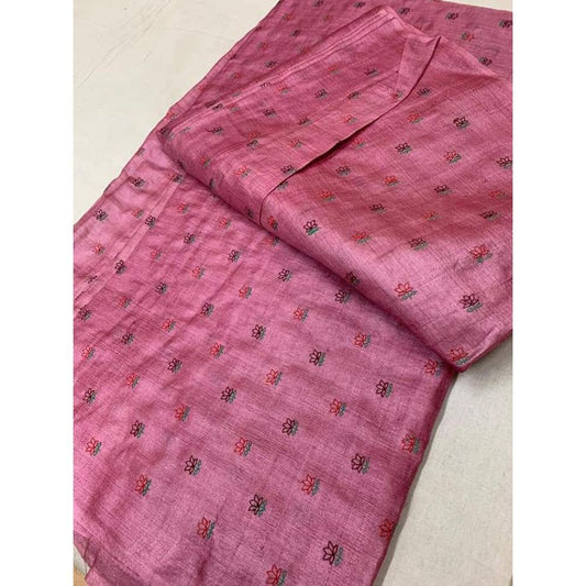 Silkmark Certified Pure Tussar Silk Embroidered Handloom Pink Saree with Blouse (Tussar by Tussar)-Indiehaat