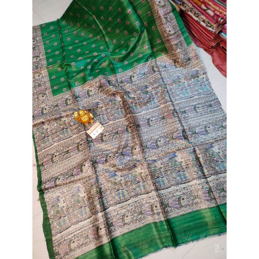 Silkmark Certified Tussar Silk Madhubani Block Print Green Saree with Blouse-Indiehaat