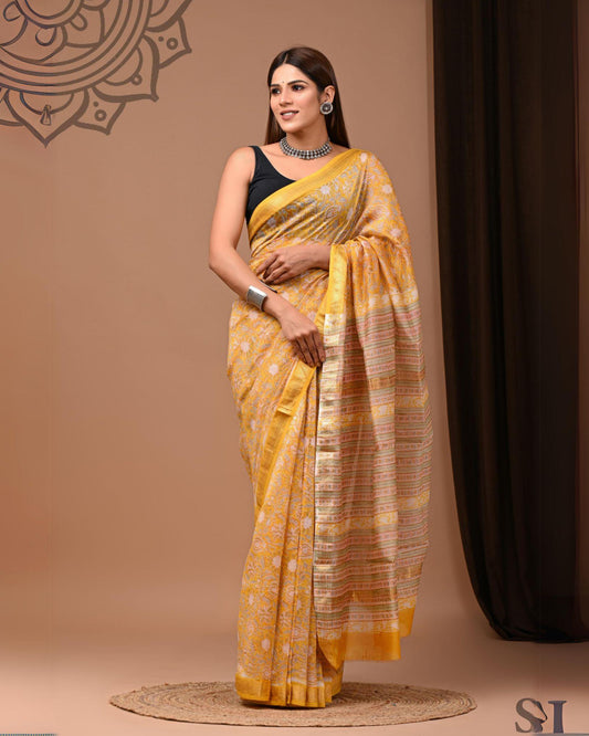 Pure Maheshwari Silk Saree Yellow Handblock Printed with running blouse