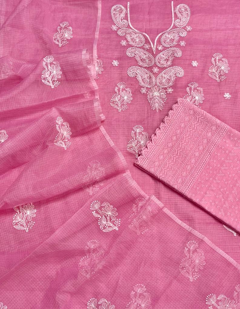 Kota Doria Suits Chickenkari Embroidery Work Pink Colour (TOP+DUPATTA+BOTTOM)