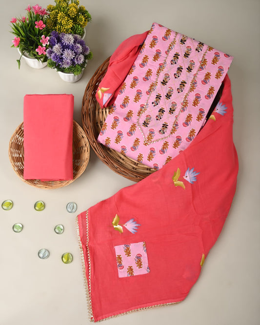 Cotton Suits Pastel Pink Color Handwork with Mulmul Heavy Handwork Dupatta - IndieHaat