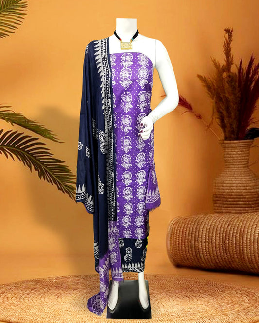 Katan Silk Suits Lilac Violet Color Batik Print - IndieHaat