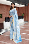 Pure Maheshwari Blue Silk Saree Hand Block Printed With Running Blouse (Silk By Silk)-Indiehaat