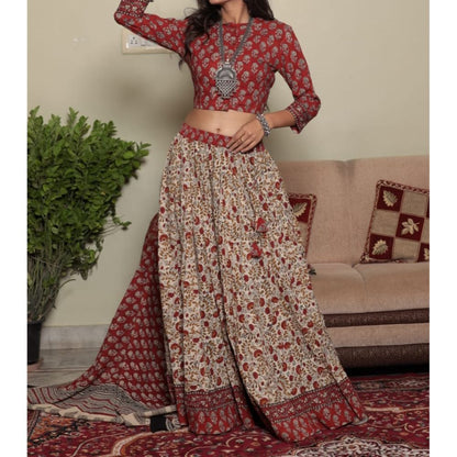 Handblock Printed Cotton Red and Beige Lehanga And Top With Mulmul Dupatta | Indiehaat