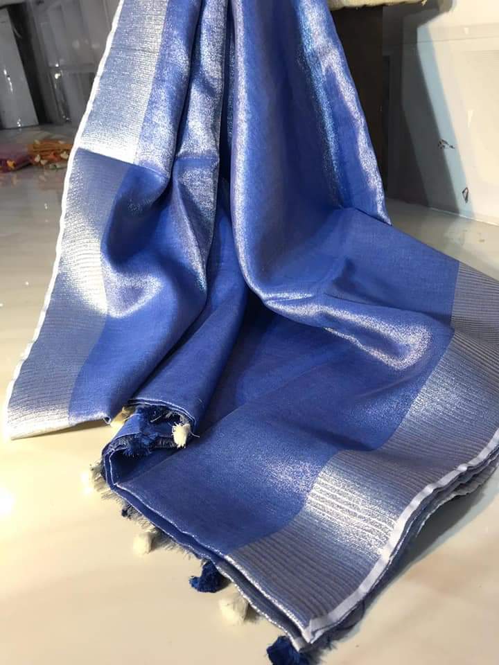Hand Dyed Pure Tissue Linen Dark Blue Color Saree With Running Blouse-Indiehaat