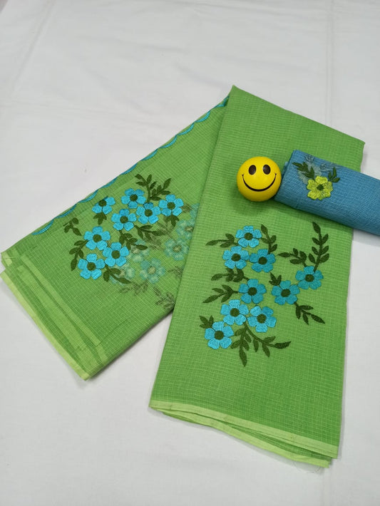 Kota Doria Green Pure Cotton Embroidery Saree With Blouse Handcrafted-Indiehaat