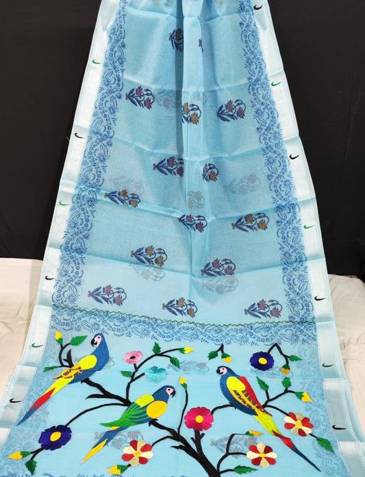 Kota Doria Paithani Embroidery Designer Saree Dark Sky Blue Colour with running blouse-Indiehaat
