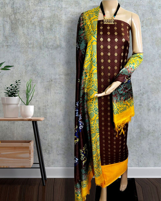 Katan Silk Suit Piece Dark Brown Color with Printed Dupatta - IndieHaat