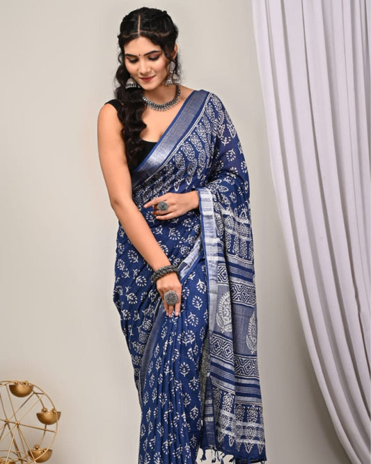 Linen Saree Royal Blue Color Handblock Kalamkari Printed with running blouse - IndieHaat