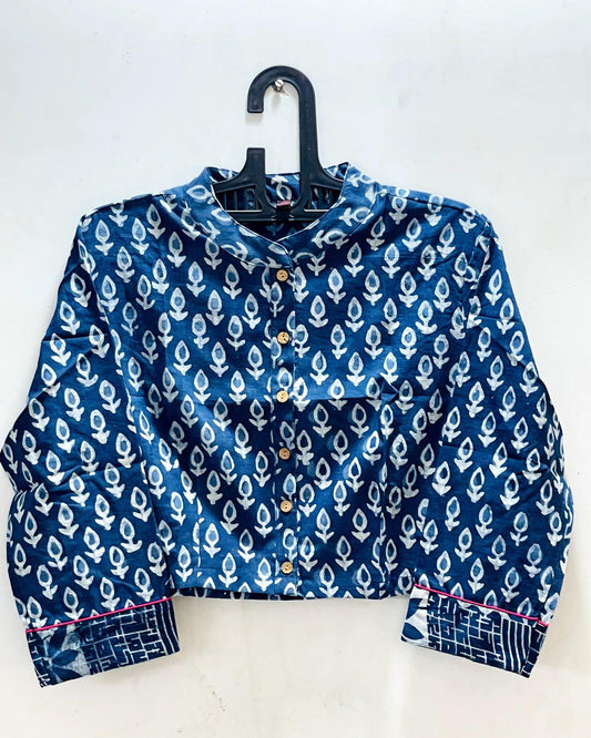 Indiehaat | Pure Cotton Crop Top Blue Color Hand Printed Size 36 To 46