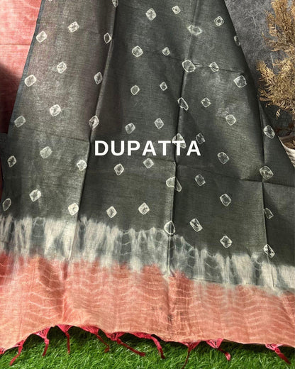 Khadi Silk Suit Reddish Pink Color Shibori Handdyed (Top+Bottom) with Bandhini Dupatta