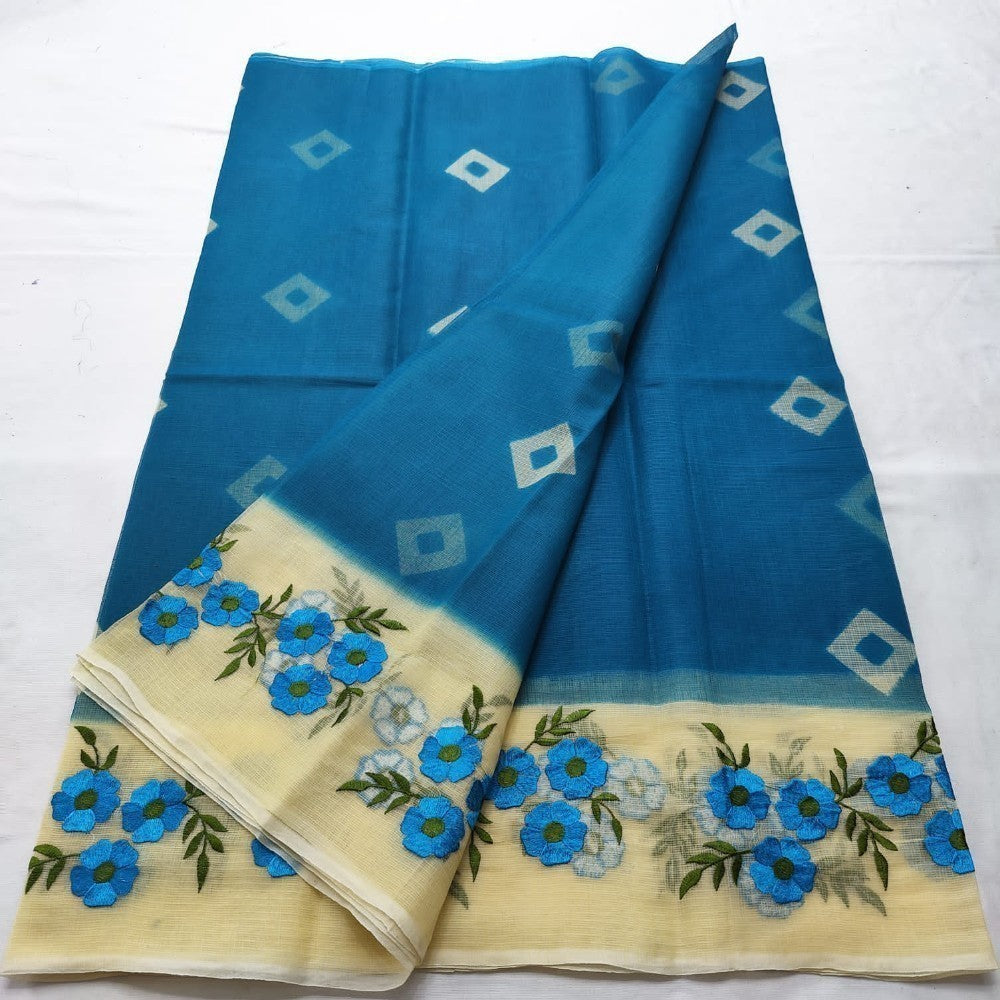 Kota Doria Saree Bandhej and Embroidery Work Blue With Blouse Handcrafted-Indiehaat