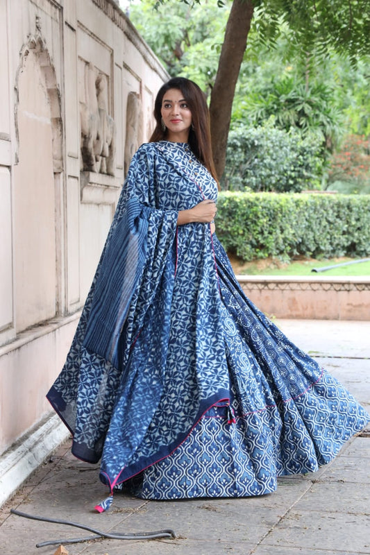 Handblock Printed Cotton Blue Lehanga And Top With Mulmul Dupatta | Indiehaat