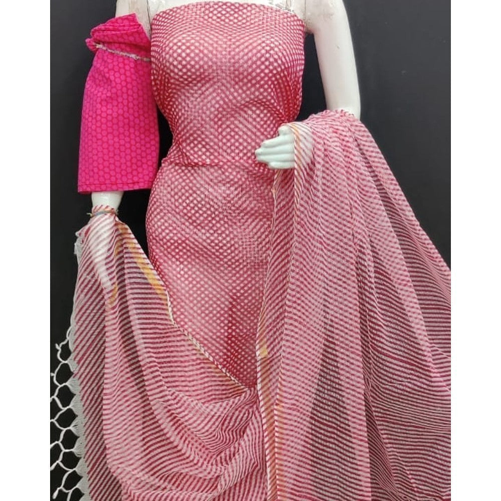 Kota Doria Pink Suit Material 2 Piece Lehariya Tie And Dye (Only Top And Dupatta)-Indiehaat
