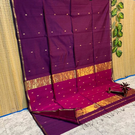 Maheshwari Silk Saree Butta Body Violet Color with golden zari weaving border and running blouse (Butta Design) - IndieHaat