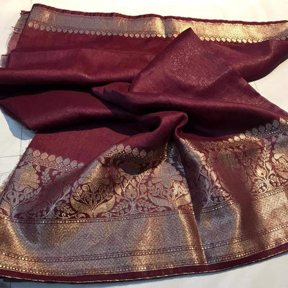 Silk Linen Banarasi Brocade Weaving Handloom Maroon Saree with Blouse-Indiehaat