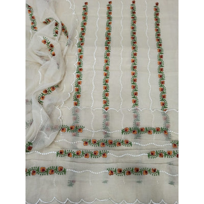Kota Doria Biege Suit Material Embroidered and Hand Dyed with Dupatta-Indiehaat