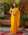 Pure Cotton Kota Doria Saree Goldenrod Yellow Color Jaal Embroidery with running blouse - IndieHaat