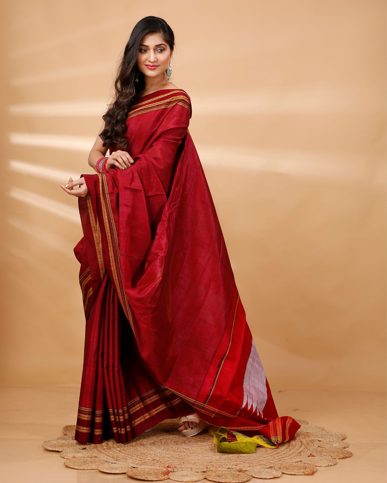 ILKAL Handloom Cotton Silk Saree Burgundy Red Color with running blouse
