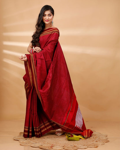 ILKAL Handloom Cotton Silk Saree Burgundy Red Color with running blouse - IndieHaat