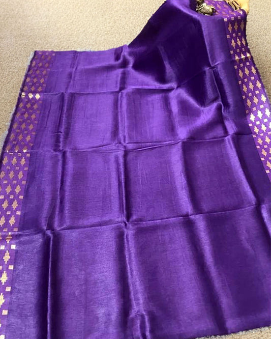 Pure Silk Linen Handloom Saree Royal Purple Color with Weaving Pattern Design and running blouse - IndieHaat