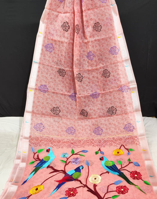 Kota Doria Paithani Embroidery Designer Saree Reddish Pink Colour with running blouse-Indiehaat