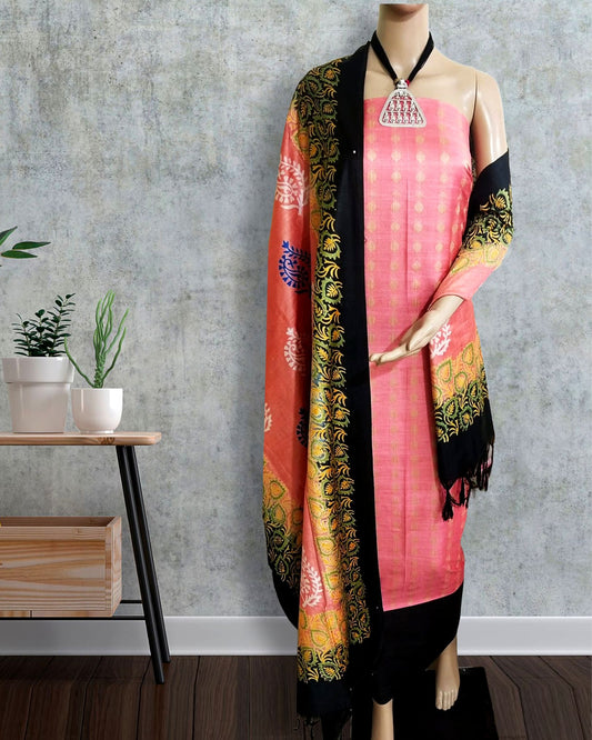 Katan Silk Suit Piece Pink Color with Printed Dupatta - IndieHaat