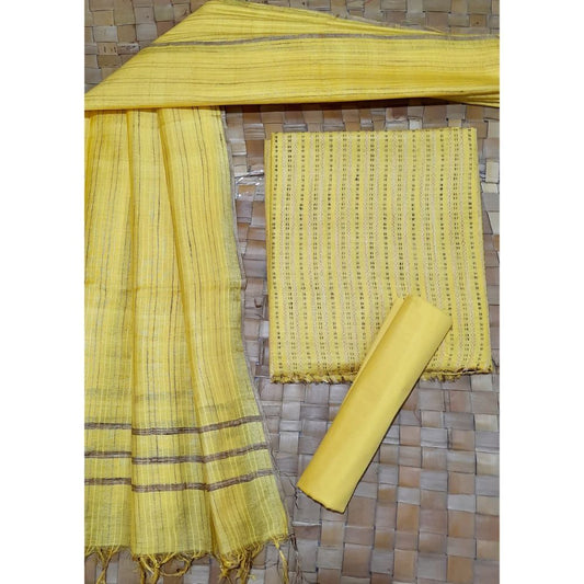 Katan Silk Yellow Suit Piece with Bottom and Dupatta Handcrafted-Indiehaat