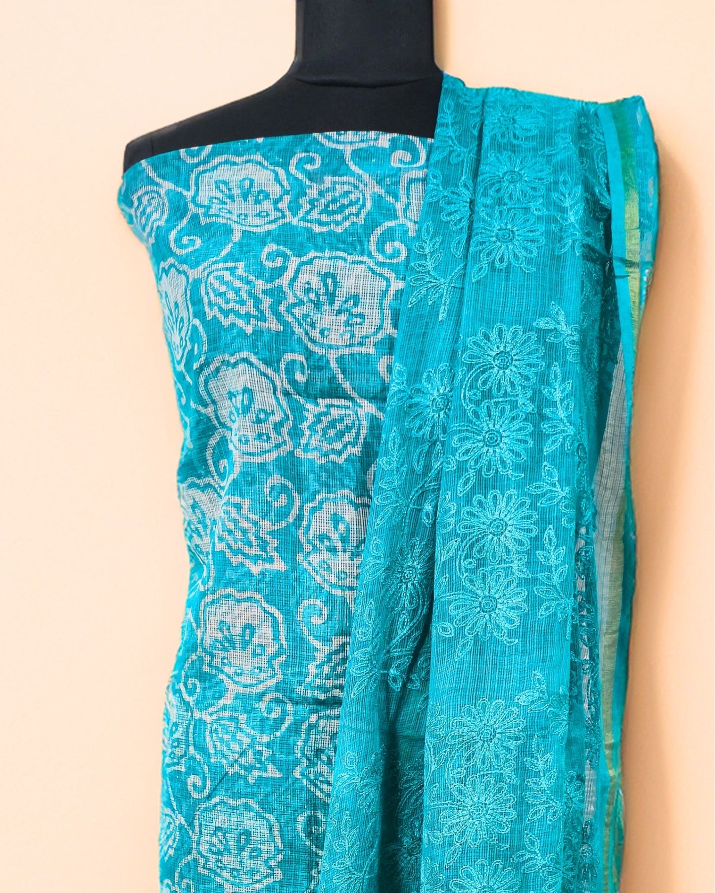 Pure Cotton Kota Doria Suit (Top+Bottom+Dupatta) Teal Green Color with heavy embroidered Dupatta - IndieHaat