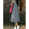 Pure Cotton Dark Gray Ikkat Handblock Printed Prestitched Dress (Size 34 to 46)-Indiehaat