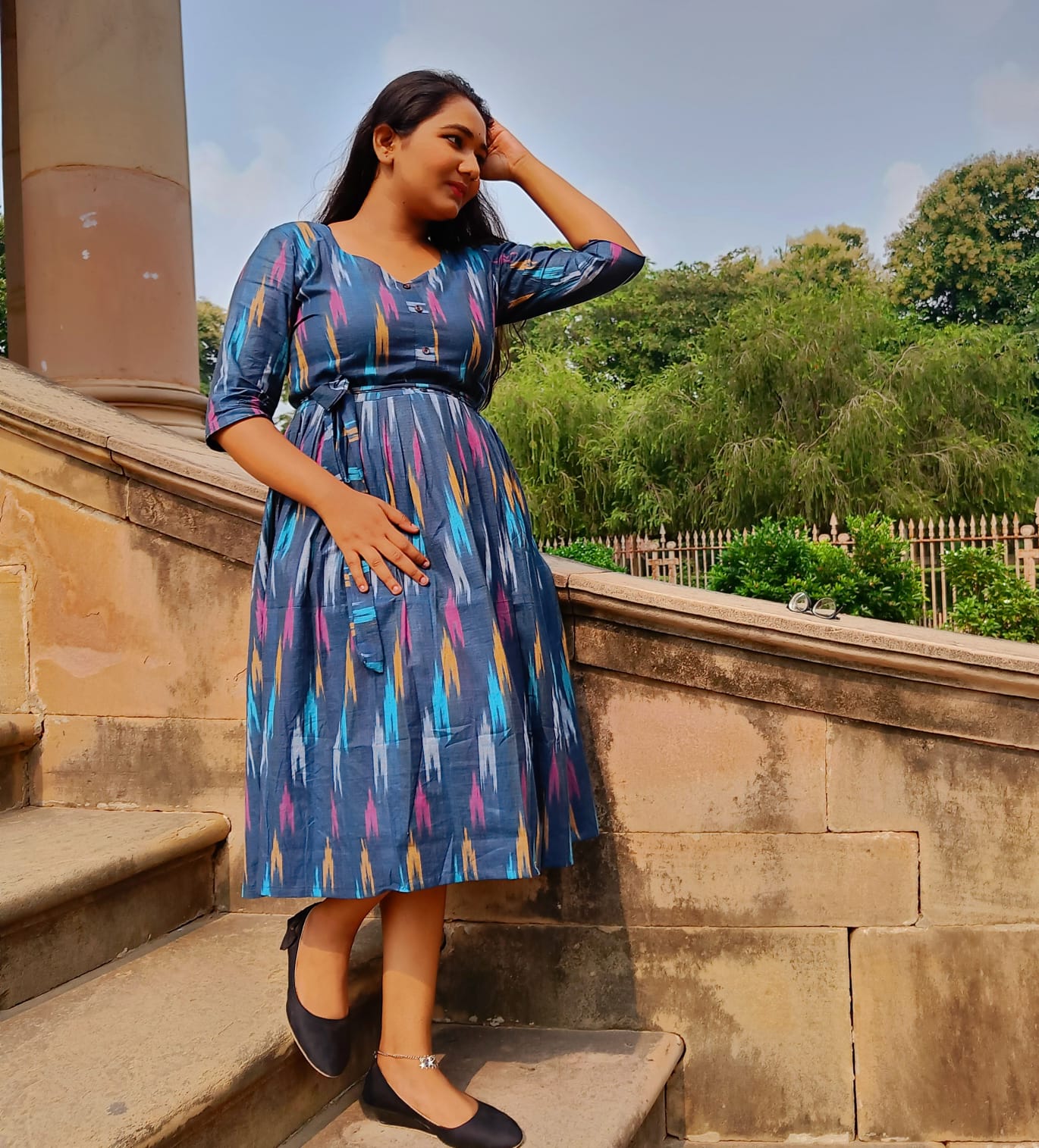 IndieHaat|Pure Cotton Dress Ikkat Design Blue 25% Off