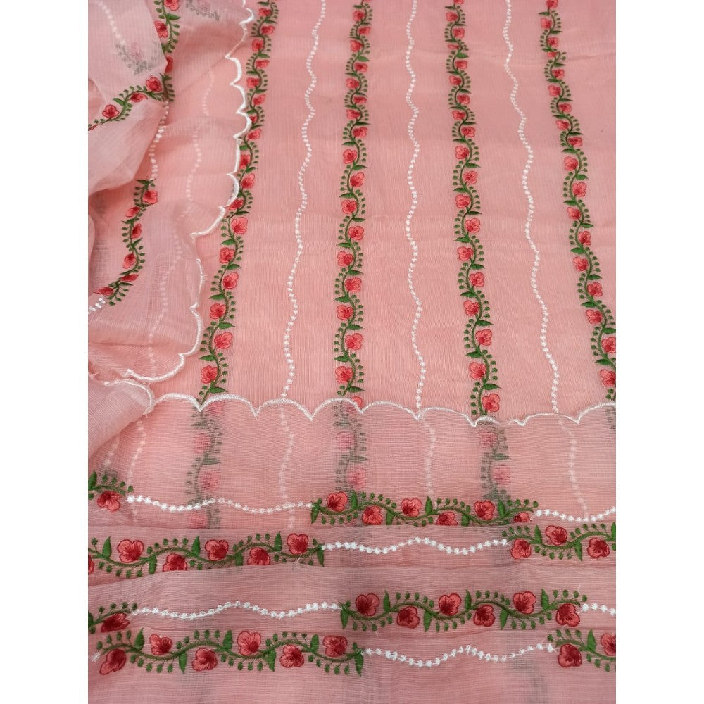 Kota Doria Pink Suit Material Embroidered and Hand Dyed with Dupatta-Indiehaat