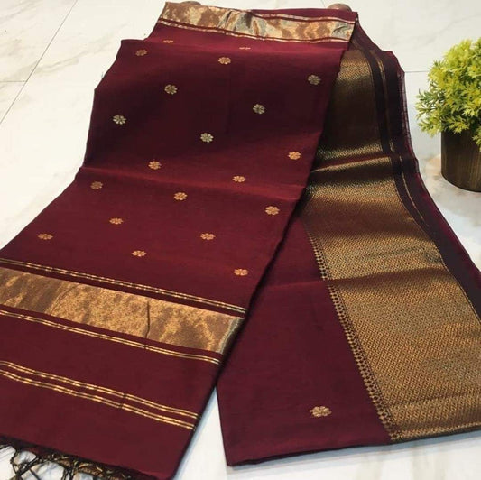 Maheshwari Cotton Silk Saree Butta Body Dark Red Color and contrast blouse with butta design - IndieHaat