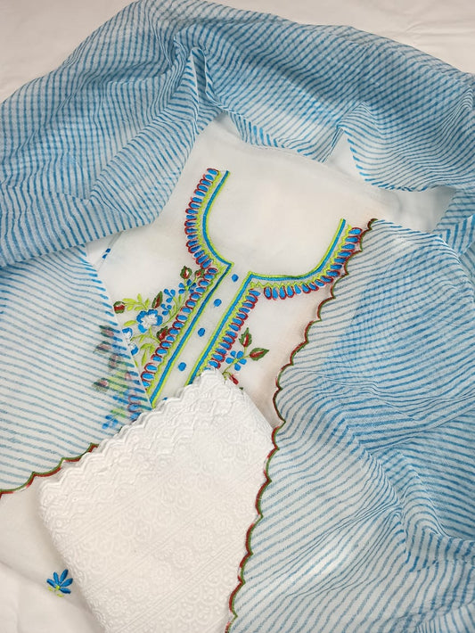 Kota Doria Embroidery White Suit Material with Leheriya Blue Dupatta and Chikenkari Bottom-Indiehaat
