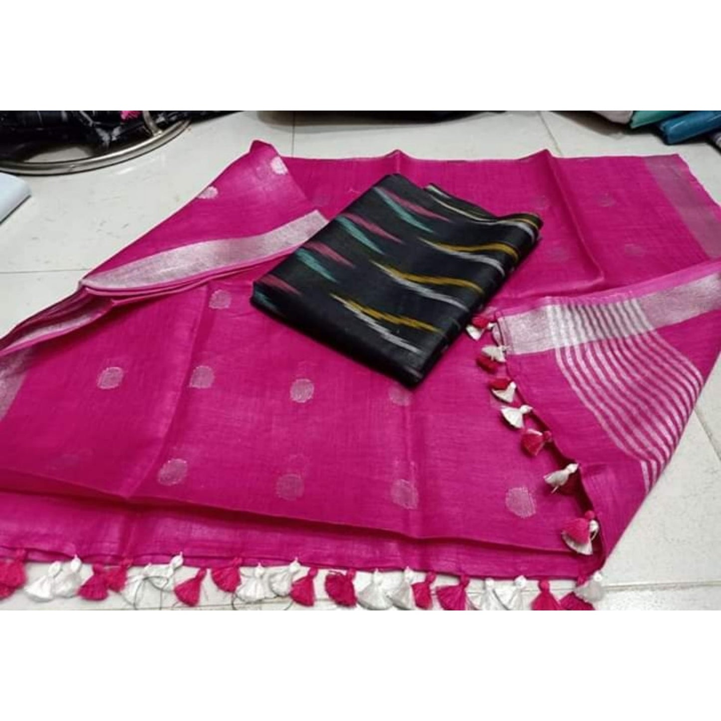 Pure Linen Pink Dutpatta With Black Ikkat Kurti Material-Indiehaat