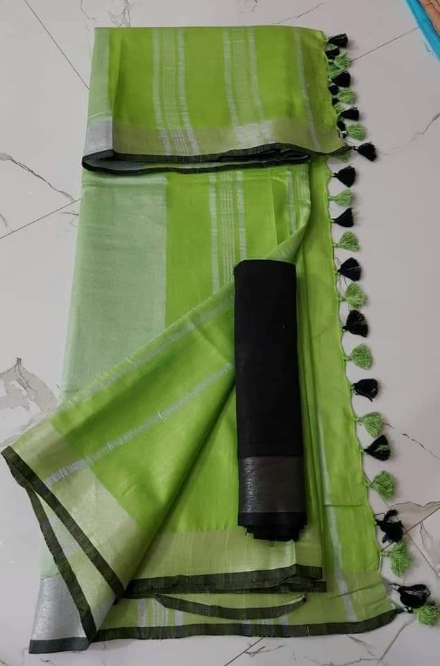 Slub Linen Hand Dyed Green Saree with Contrast Blouse-Indiehaat