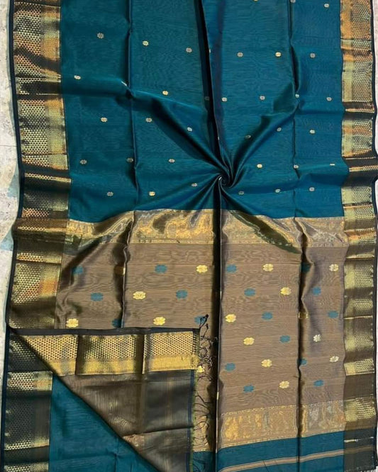Maheshwari Handloom Handwoven Saree Bluish Green Color Double Design Zari Border, flower work Buti pallu and running blouse - IndieHaat