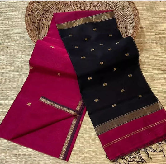 Maheshwari Silk Saree Butta Body Raspberry Pink Color with golden zari weaving border and running blouse (Butta Design) - IndieHaat